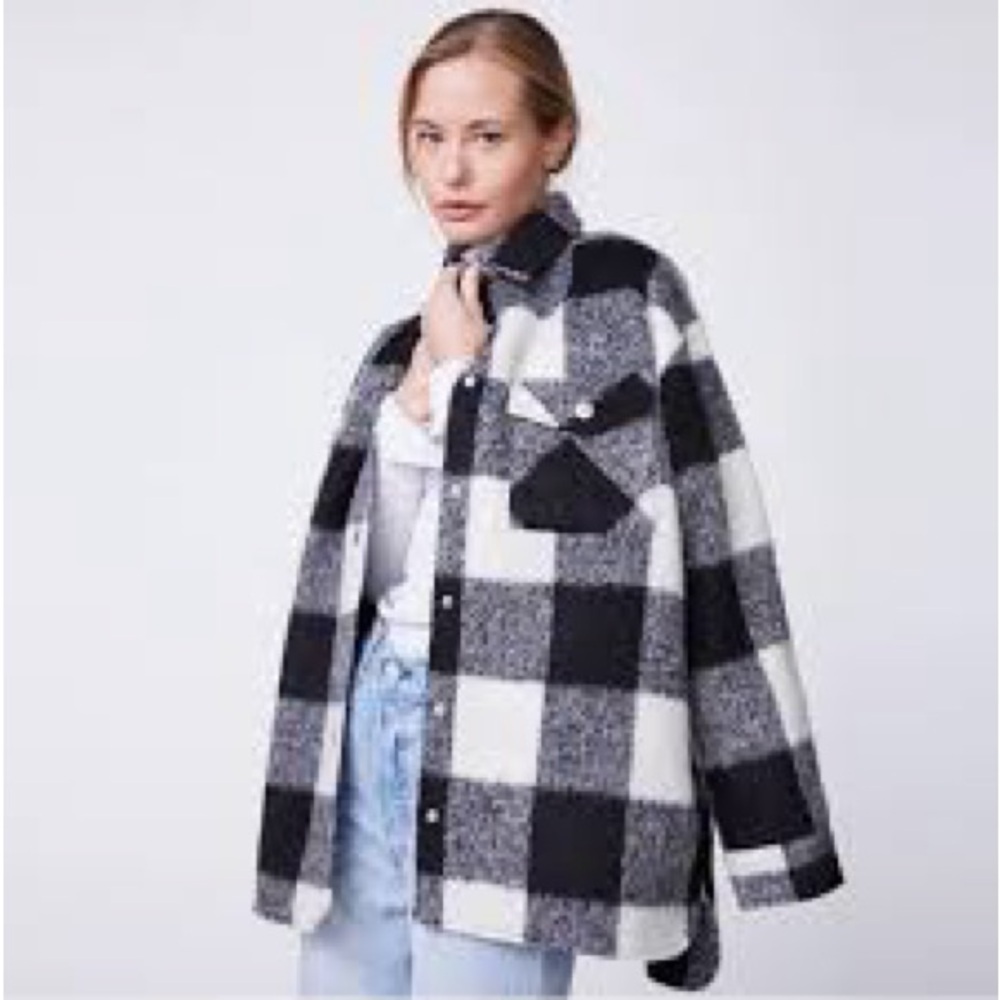 Monrow Black and White Plaid Flannel Button-Up Jacket Wool Blend Size XL NWT